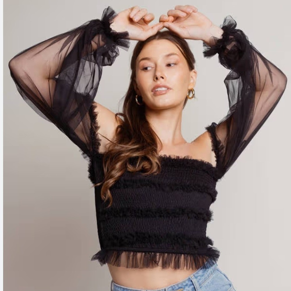 NWT Whimsygoth Black Smocked Off Shoulder Crop Top Sheer Mesh Balloon Sleeve‎ S